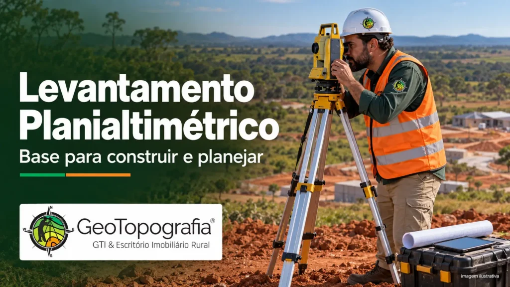 Imagem de agrimensor com estação total em terreno de obra, com o título Levantamento Planialtimétrico e a marca GeoTopografia.