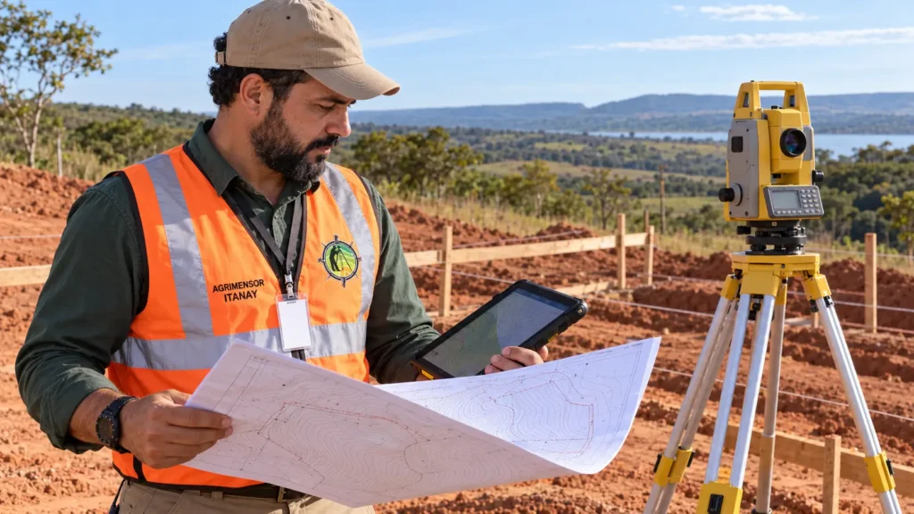 Agrimensor analisa planta e relatório de levantamento planialtimétrico com curvas de nível sobre a prancheta em canteiro de obra.