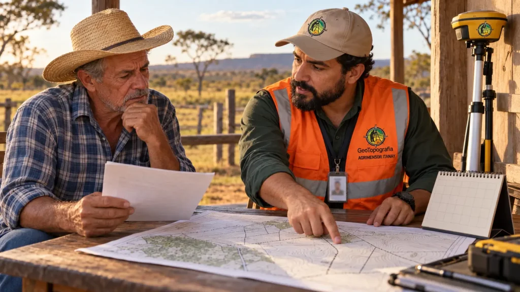 Agrimensor e produtor rural conferindo calendário e documentos do georreferenciamento antes do prazo de 2029