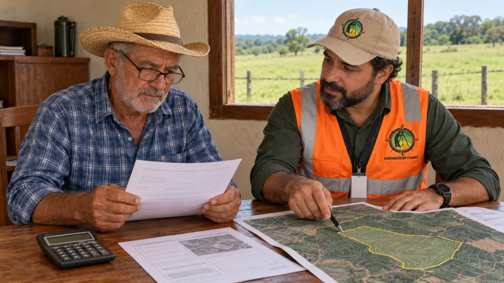 Produtor rural analisando orçamento de georreferenciamento com agrimensor na sede da fazenda.