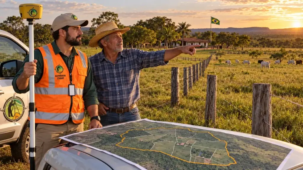Agrimensor e produtor rural conferindo no mapa o perímetro unificado da fazenda.