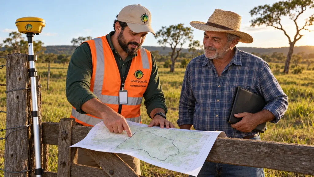 Agrimensor da GeoTopografia mostra planta do imóvel a produtor rural durante serviço de regularização de imóveis no cerrado do Tocantins.