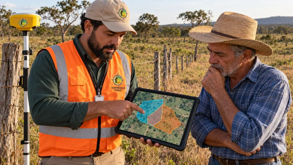 Agrimensor mostrando no tablet a sobreposição de áreas no SIGEF entre duas fazendas vizinhas.