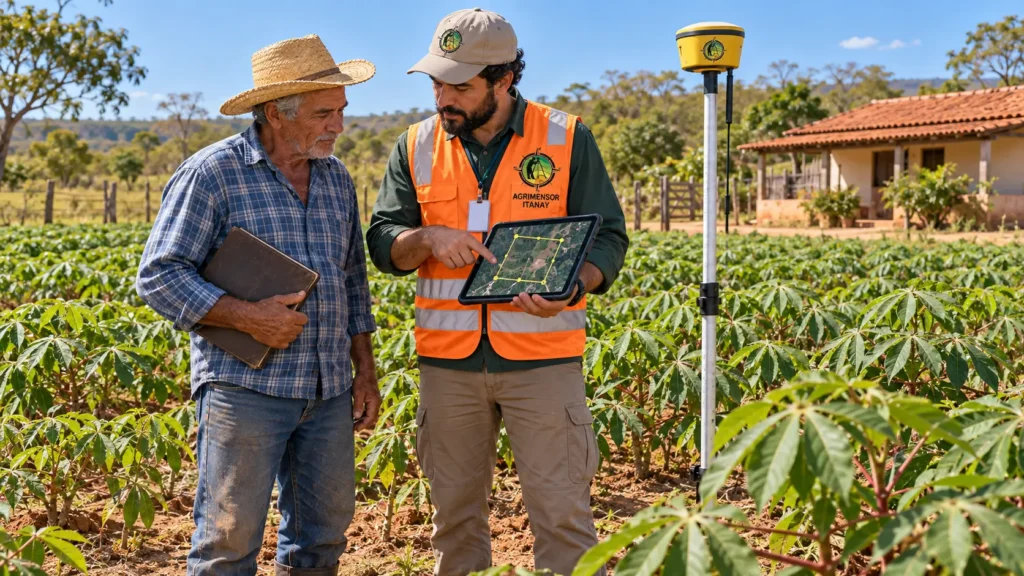 Produtor rural do Tocantins recebendo orientação de agrimensor sobre o título de terra do Itertins.