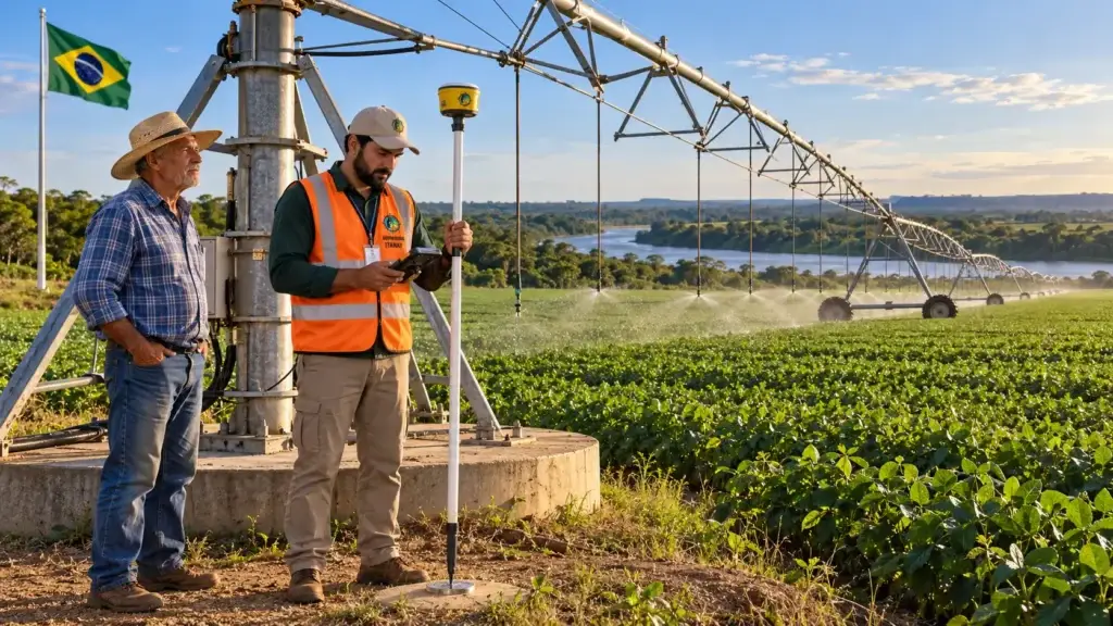 Agrimensor com receptor GNSS RTK medindo cotas ao lado de pivô central em lavoura no Tocantins.