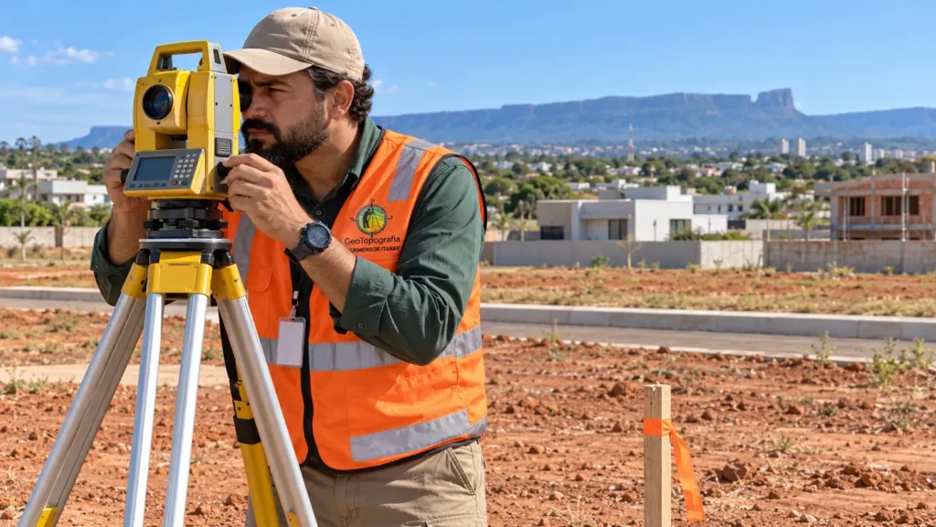 Agrimensor opera estação total em lote urbano de Palmas durante serviço de topografia em Palmas para projeto de casa.