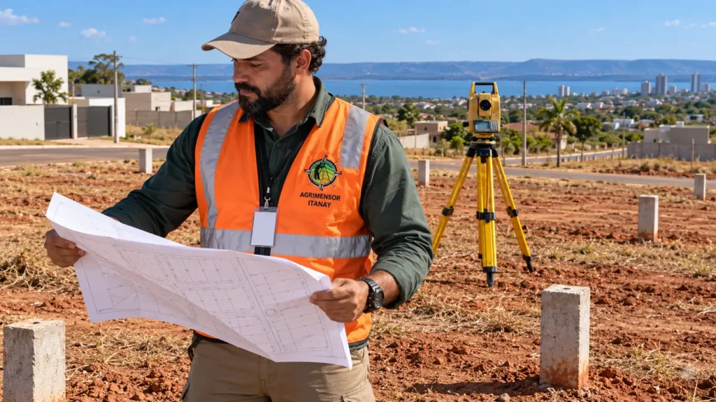 Agrimensor confere a planta do loteamento em lote de Palmas, serviço de topógrafo em Palmas e região com estação total ao fundo.