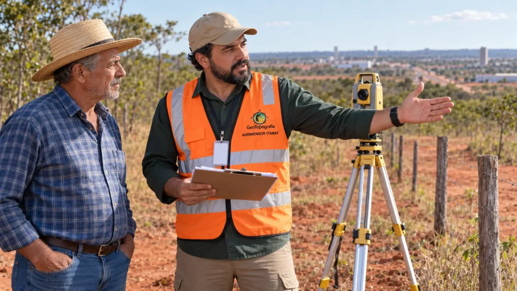 Agrimensor apresenta orçamento de topógrafo em prancheta ao lado da estação total, mostrando o preço para medir terreno no Tocantins.
