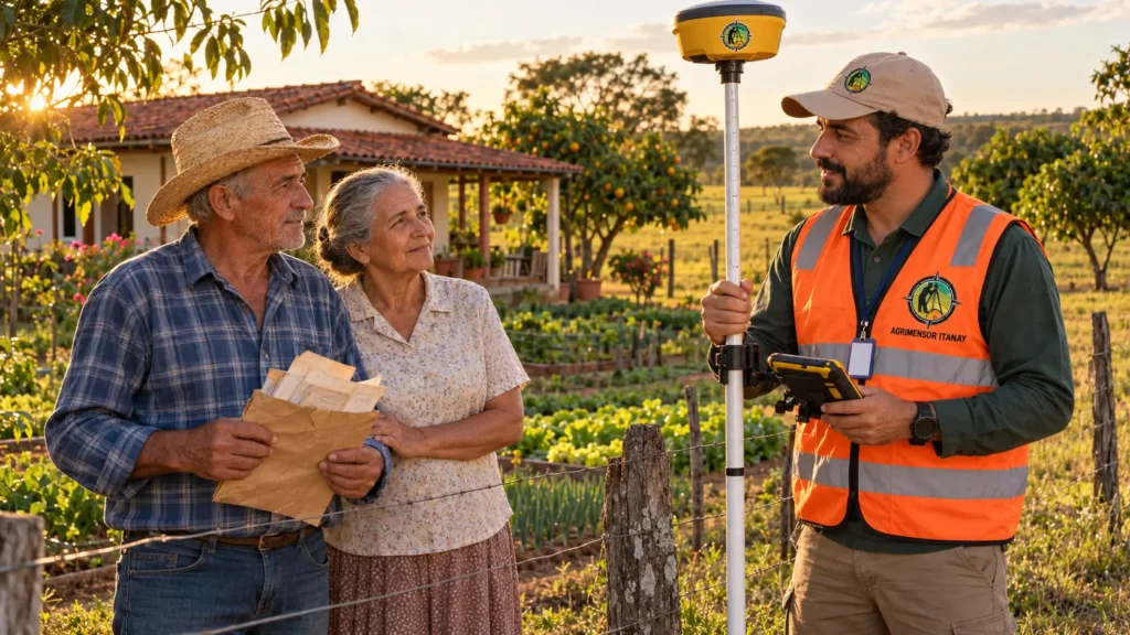 Família rural do norte de Goiás acompanhando agrimensor na medição da posse para usucapião.
